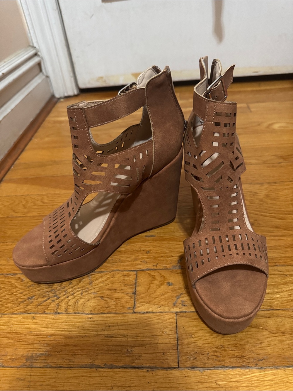 Cutout Suede Wedge Sandals in Tan with Ankle Strap